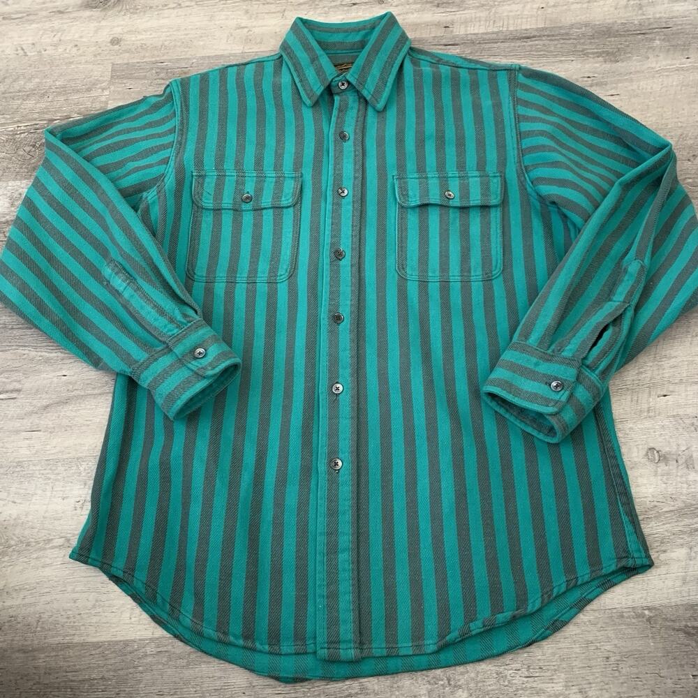 Vintage Eddie Bauer Flannel Shirt Mens Medium Green Striped Button Up 90s